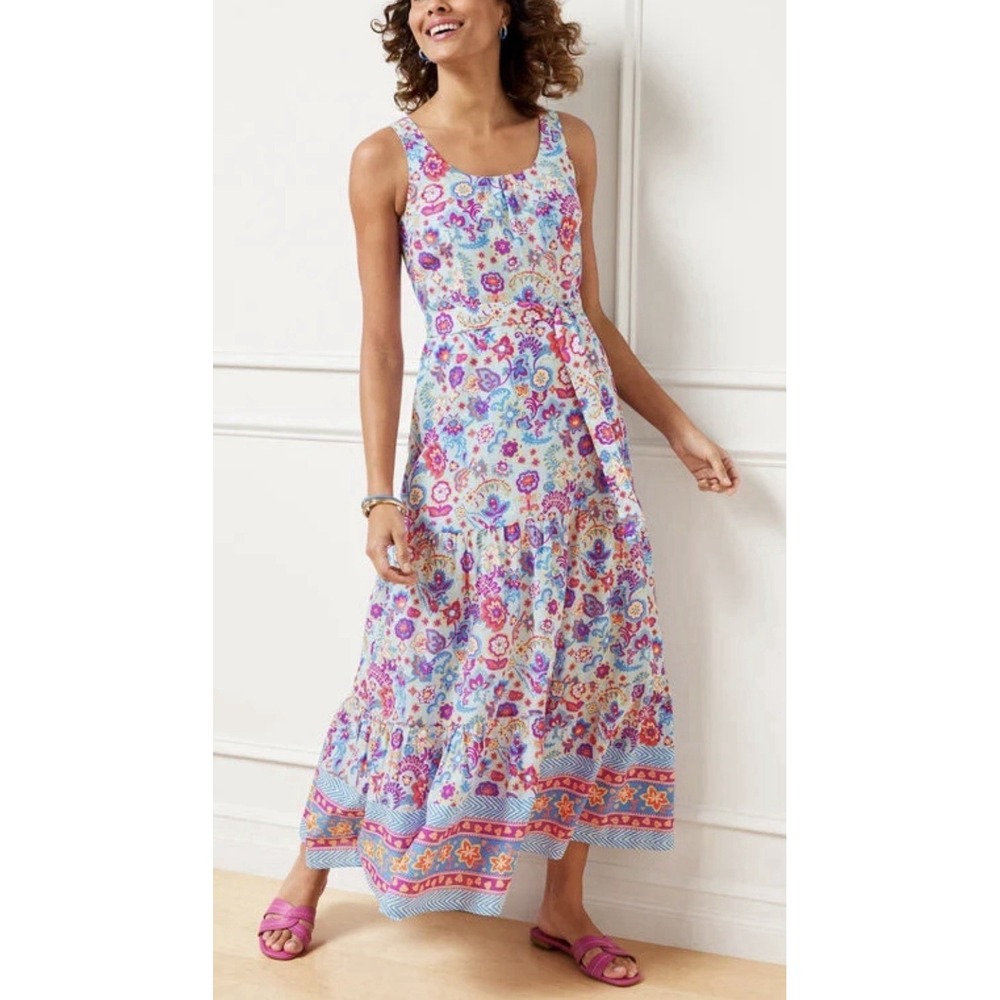 Talbots Voile Maxi Dress Boho Floral Tiered Belted Pink Blue‎ Sleeveless Sz 14W